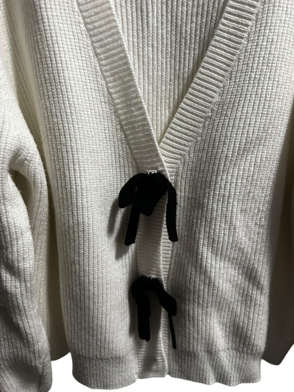 Aqua Cream Ribbed Sweater Cardigan with Black Ties size XXL - Picture 3 of 8